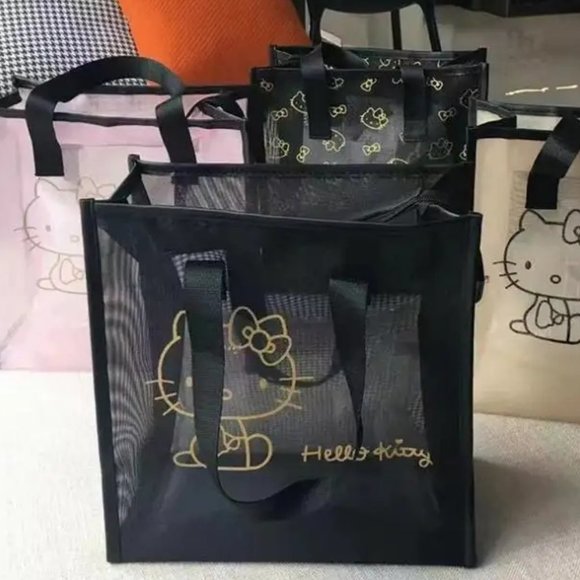 Hello Kitty Bath Shower Tote Pink Mesh Black Top Handles - Picture 3 of 3